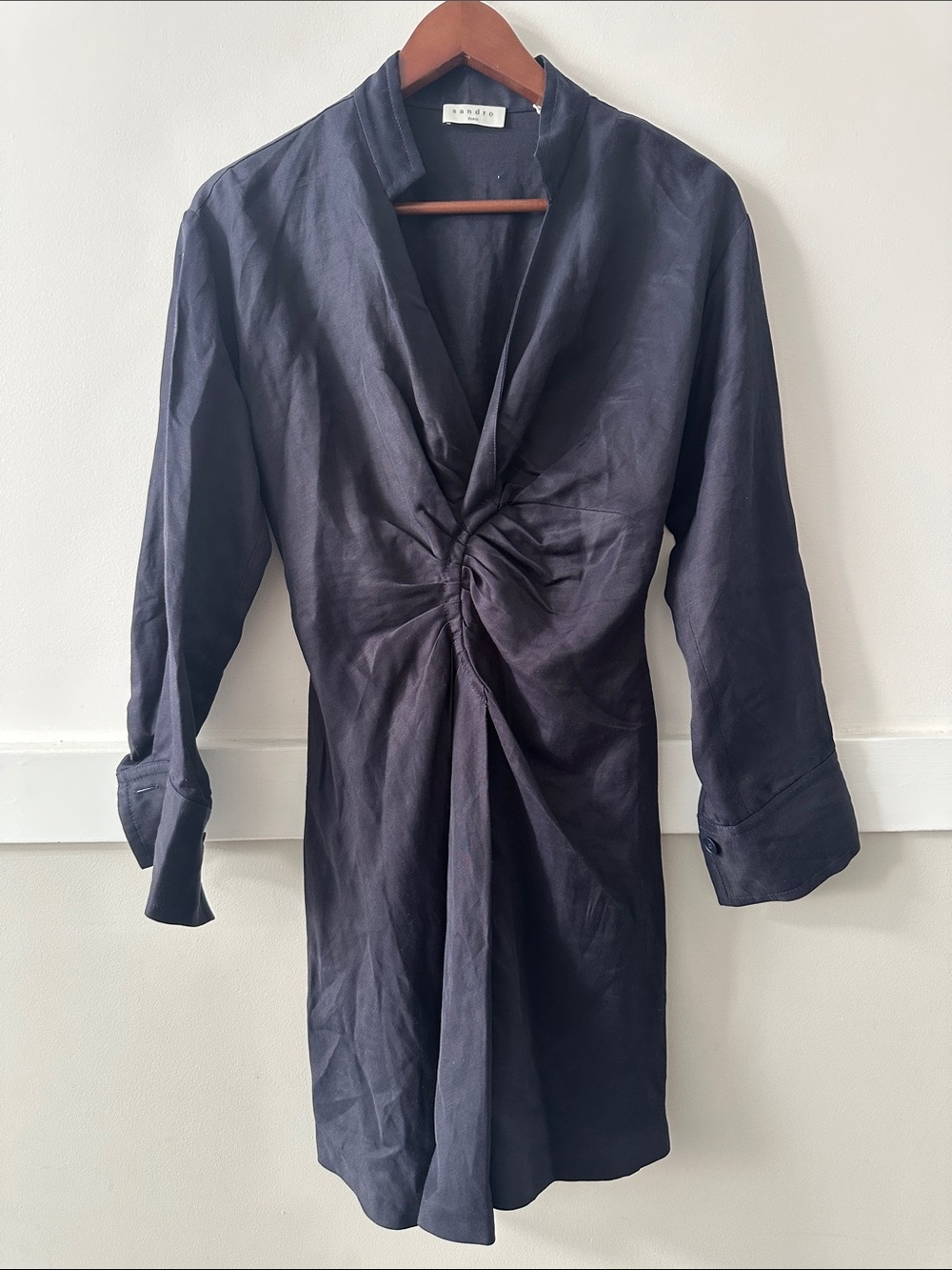 Sandro Paris Celia Ruched Long Sleeve Stretch Waist Linen Blend Shirt Dress